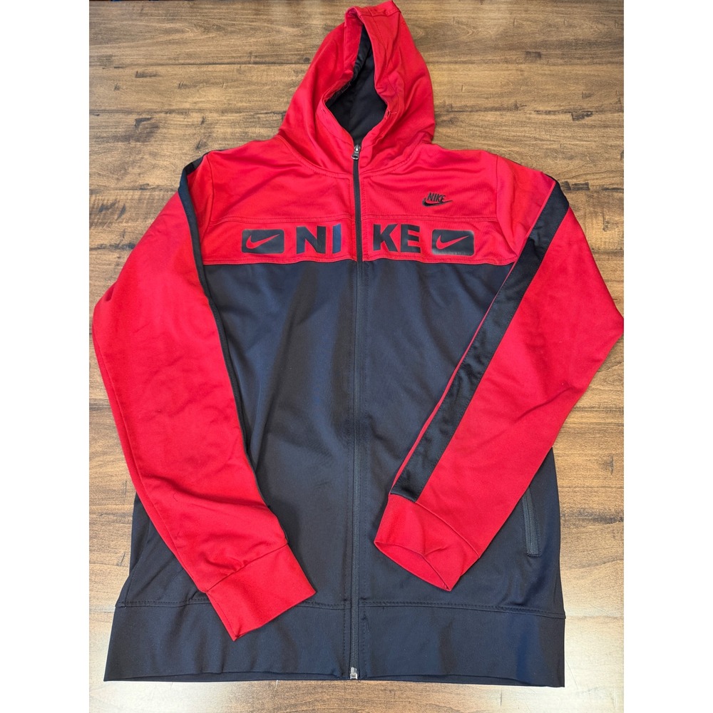Nike Mens Full Zip Hoodie Red Black Colorblock Logo Track Jacket XL